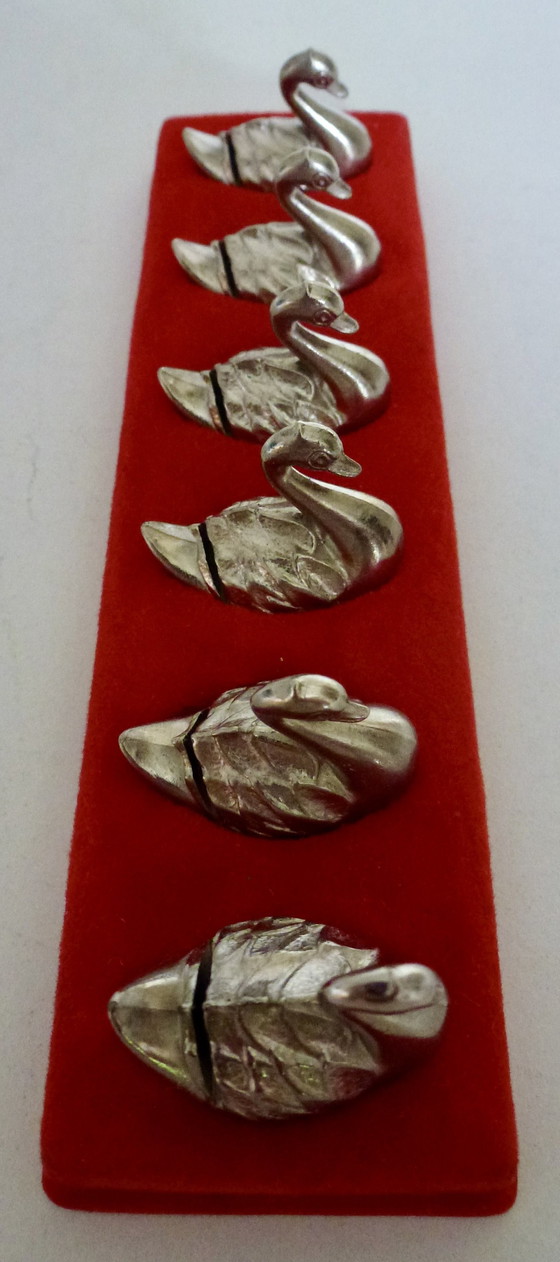 Image 1 of Set Of 6 Name Card Holders - Silver Plated - Swans