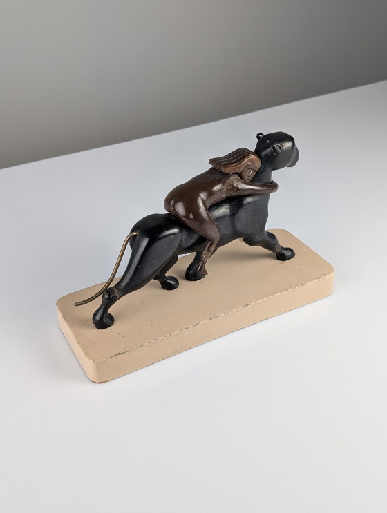 Image 1 of Ariadna y la pantera, escultura Art Déco en madera y latón, década de 1920