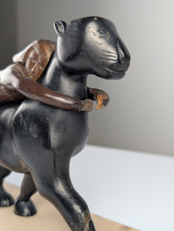 Image 1 of Ariadna y la pantera, escultura Art Déco en madera y latón, década de 1920