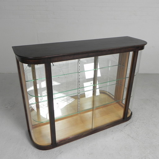 Art Deco Display Case With Curved Glass And Glass Sliding Doors, 1950s