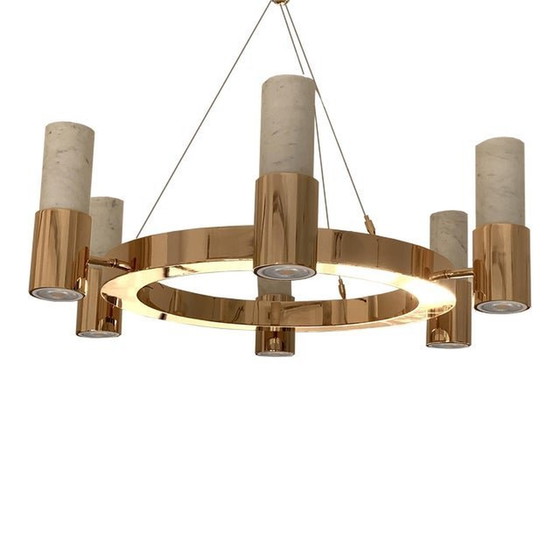 Image 1 of Contemporary Carrara Marble Gold Ring Chandelier