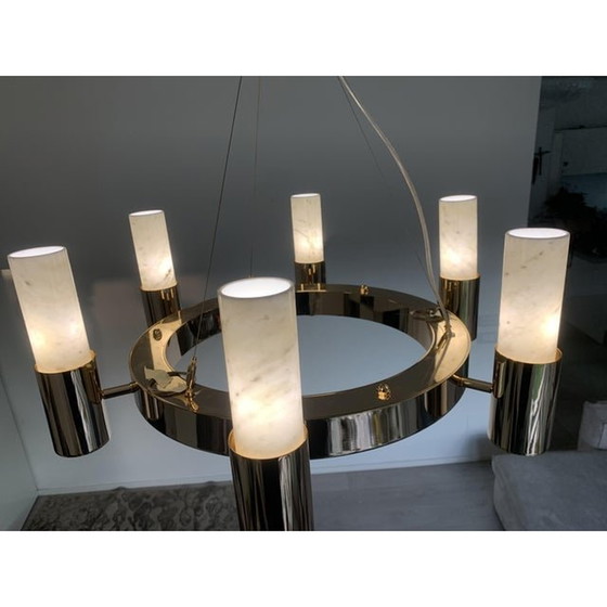 Image 1 of Contemporary Carrara Marble Gold Ring Chandelier