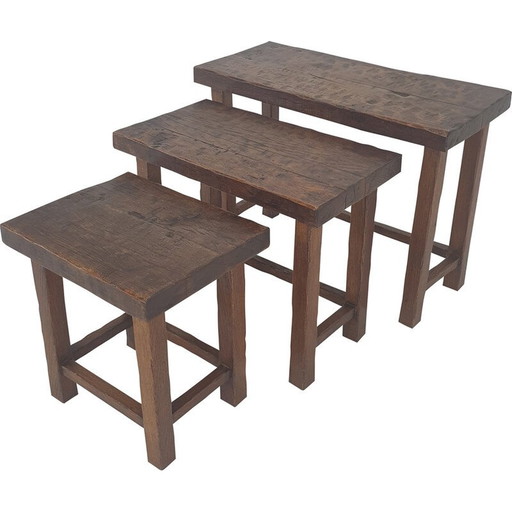 Vintage Brutalist wooden nesting tables, Holland 1960s