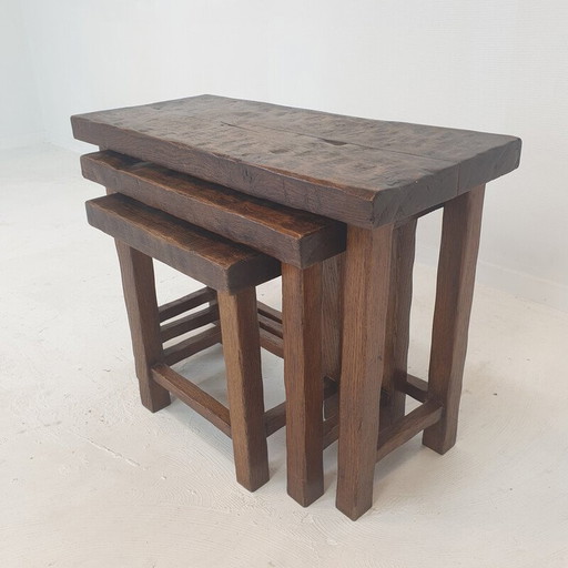 Vintage Brutalist wooden nesting tables, Holland 1960s