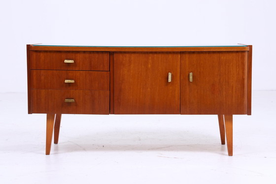 Image 1 of Dark vintage chest of drawers 60s | Mid - Century lowboard retro 70s wood glass top