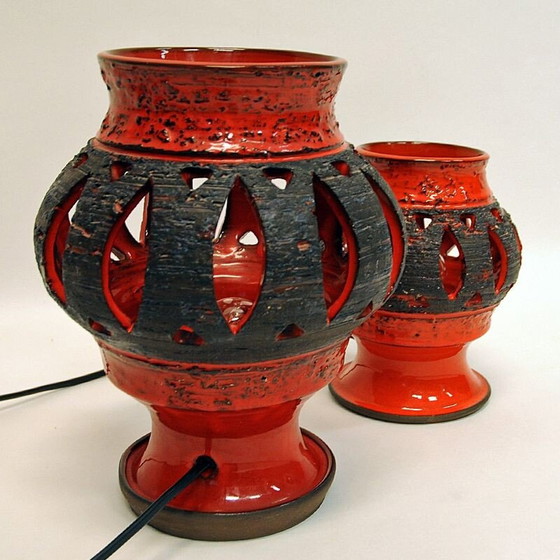 Image 1 of Coppia di lampade da tavolo vintage in ceramica rossa di Nykirka Motala Keramik, Svezia 1960
