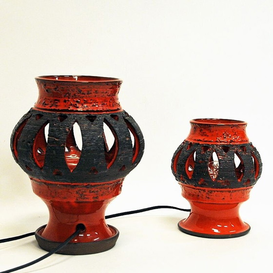 Image 1 of Coppia di lampade da tavolo vintage in ceramica rossa di Nykirka Motala Keramik, Svezia 1960