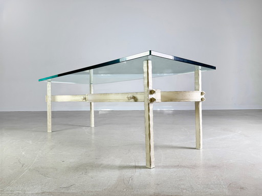 Tavolino da caffè in ferro battuto vintage, in vetro e ghisa, unico nel suo genere