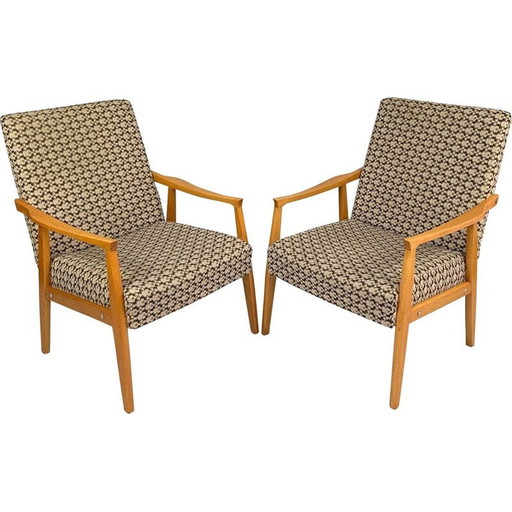 Pair of mid century wood and fabric armchairs, Czechoslovakia 1970s
