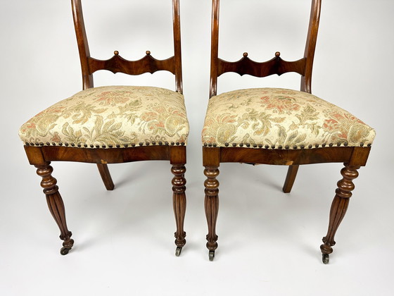 Image 1 of Antique Set Of Two Mahogany Veneer Chairs And Upholstered Seats