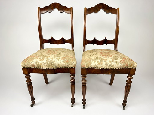 Antique Set Of Two Mahogany Veneer Chairs And Upholstered Seats