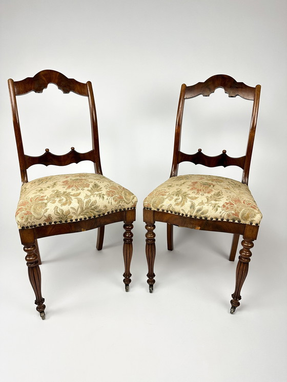 Image 1 of Antique Set Of Two Mahogany Veneer Chairs And Upholstered Seats