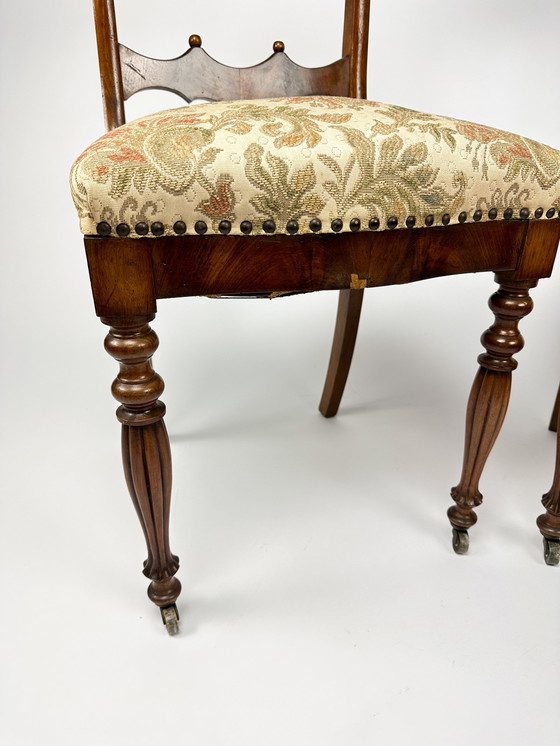 Image 1 of Antique Set Of Two Mahogany Veneer Chairs And Upholstered Seats