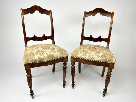 Image 1 of Antique Set Of Two Mahogany Veneer Chairs And Upholstered Seats