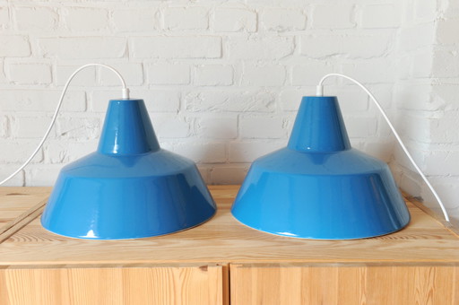 Set of 2 Louis Poulsen blue enamel minimalist industrial pendant lamps