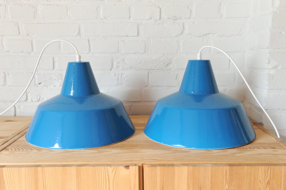 Image 1 of Set of 2 Louis Poulsen blue enamel minimalist industrial pendant lamps