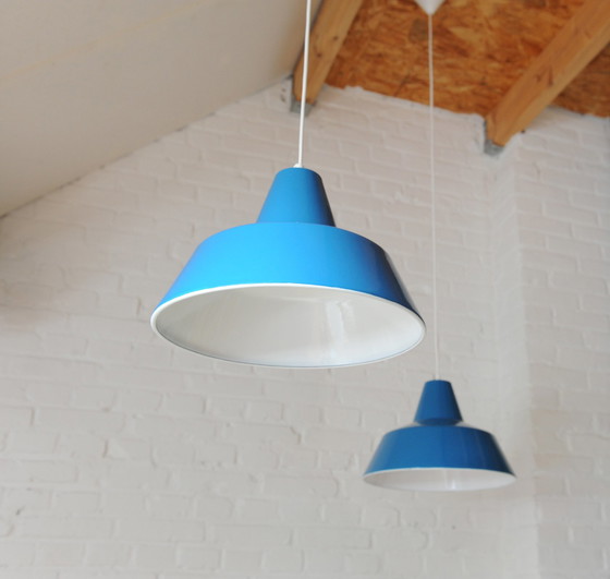 Image 1 of Set of 2 Louis Poulsen blue enamel minimalist industrial pendant lamps