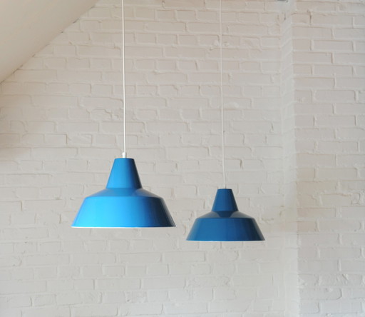 Set of 2 Louis Poulsen blue enamel minimalist industrial pendant lamps