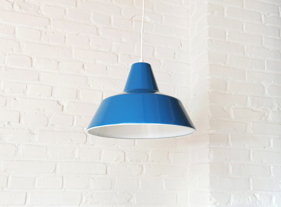 Image 1 of Set of 2 Louis Poulsen blue enamel minimalist industrial pendant lamps