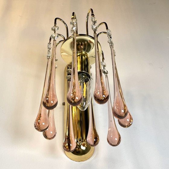 Image 1 of Set di lampade da parete a goccia in vetro di Murano rosa