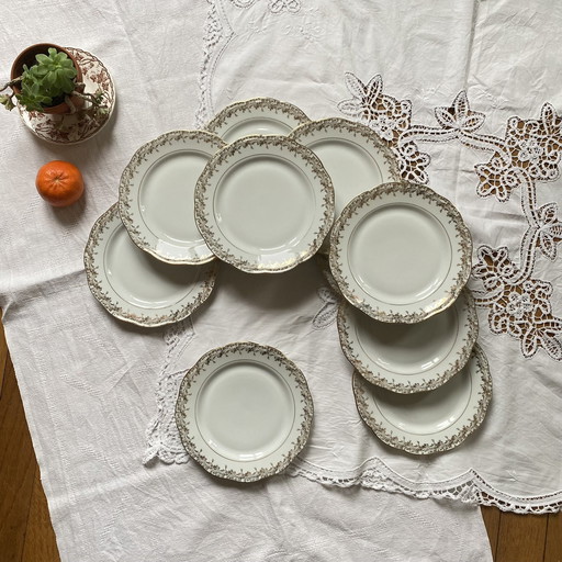 Lot De 10 Assiettes À Dessert Porcelaine Ancienne Sfr Blanche Et Dorure