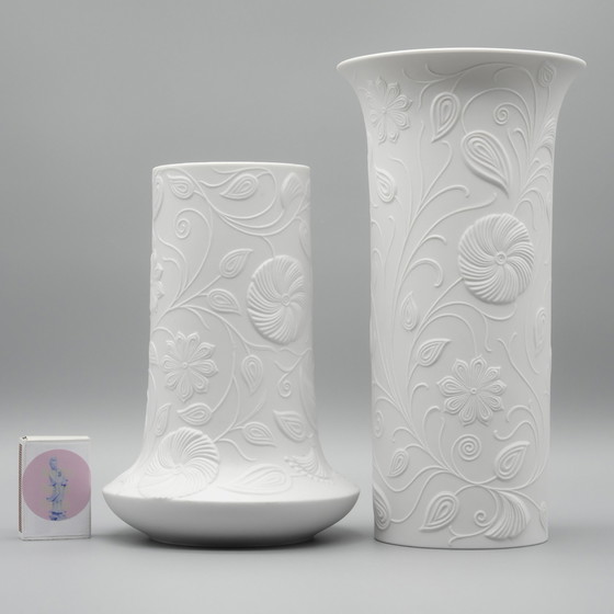 Image 1 of Scherzer Bisque Porcelain Vase Duo 509-2+3 Floral Relief 25cm+19cm Romanticism 