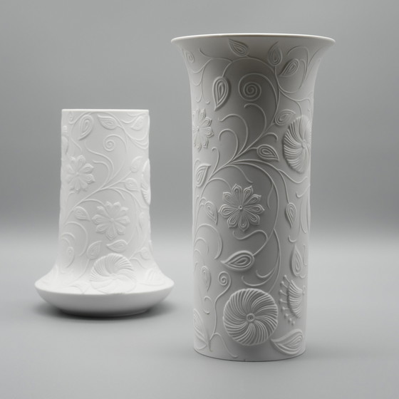 Image 1 of Scherzer Bisque Porcelain Vase Duo 509-2+3 Floral Relief 25cm+19cm Romanticism 