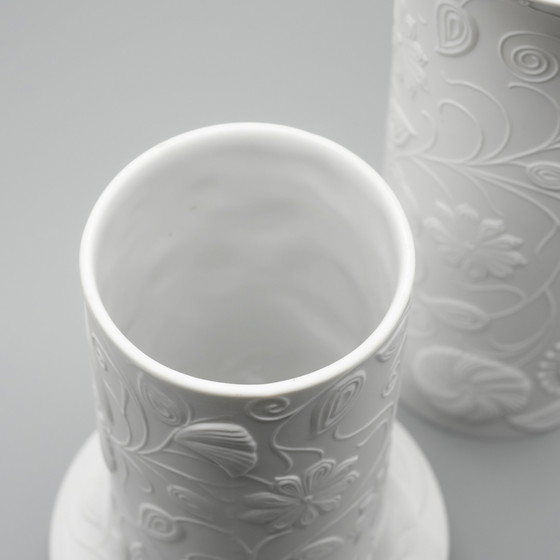 Image 1 of Scherzer Bisque Porcelain Vase Duo 509-2+3 Floral Relief 25cm+19cm Romanticism 