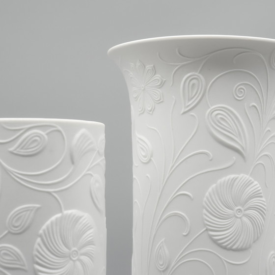 Image 1 of Scherzer Bisque Porcelain Vase Duo 509-2+3 Floral Relief 25cm+19cm Romanticism 