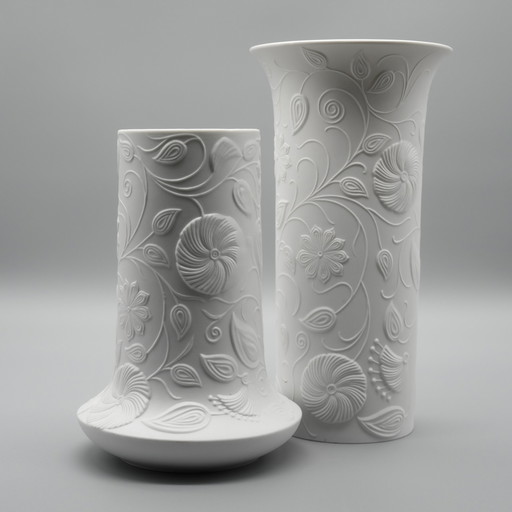 Scherzer Bisque Porcelain Vase Duo 509-2+3 Floral Relief 25cm+19cm Romanticism 