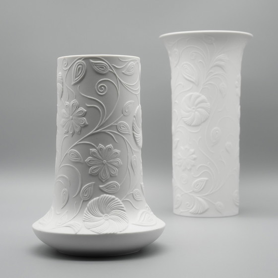 Image 1 of Scherzer Bisque Porcelain Vase Duo 509-2+3 Floral Relief 25cm+19cm Romanticism 