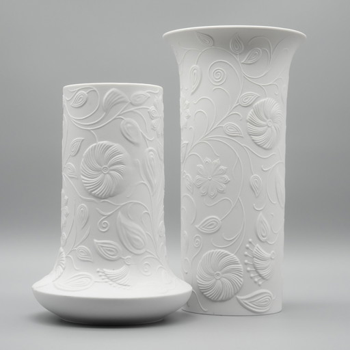 Scherzer Bisque Porcelain Vase Duo 509-2+3 Floral Relief 25cm+19cm Romanticism 