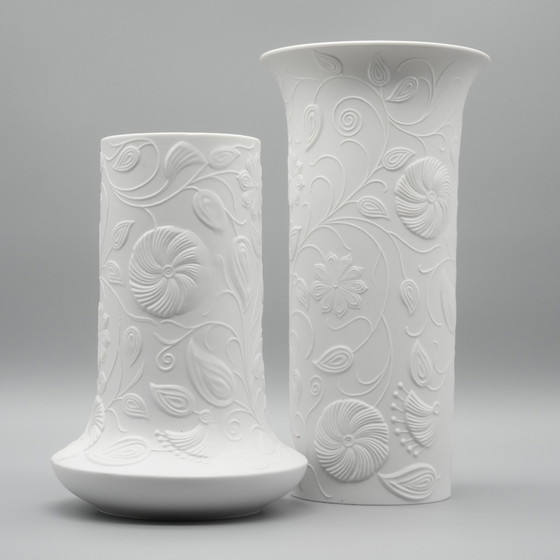 Image 1 of Scherzer Bisque Porcelain Vase Duo 509-2+3 Floral Relief 25cm+19cm Romanticism 