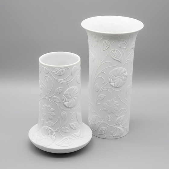 Image 1 of Scherzer Bisque Porcelain Vase Duo 509-2+3 Floral Relief 25cm+19cm Romanticism 