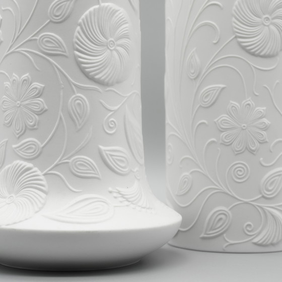 Image 1 of Scherzer Bisque Porcelain Vase Duo 509-2+3 Floral Relief 25cm+19cm Romanticism 