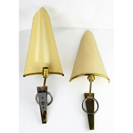 Image 1 of Pair of vintage brass and metal wall lamps, France 1950