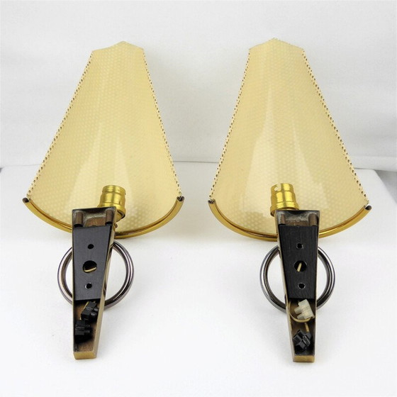 Image 1 of Pair of vintage brass and metal wall lamps, France 1950