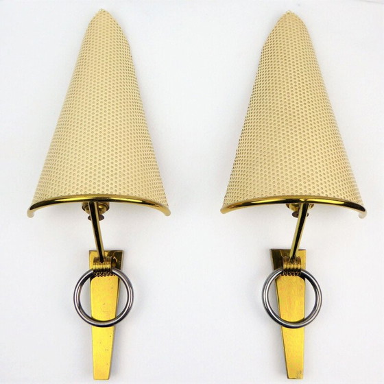 Image 1 of Pair of vintage brass and metal wall lamps, France 1950