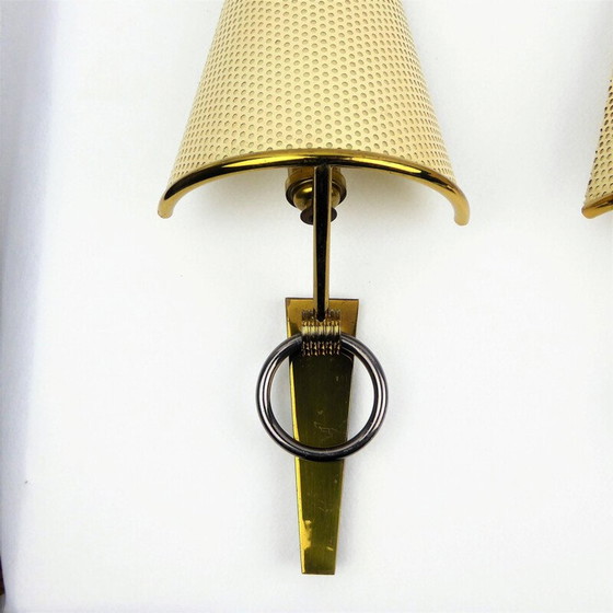 Image 1 of Pair of vintage brass and metal wall lamps, France 1950
