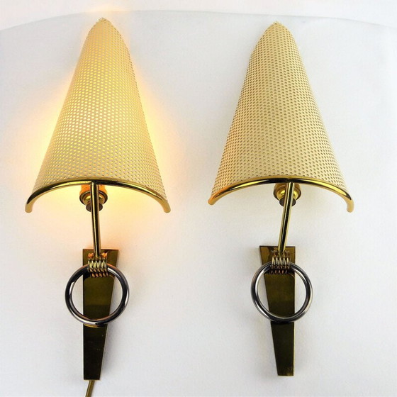 Image 1 of Pair of vintage brass and metal wall lamps, France 1950