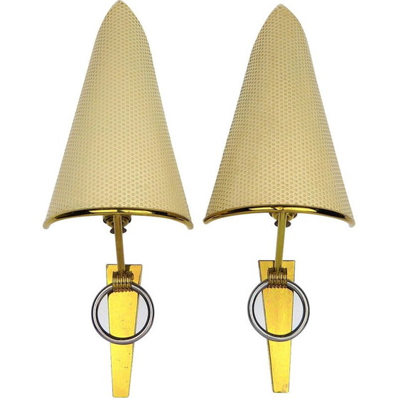 Image 1 of Pair of vintage brass and metal wall lamps, France 1950