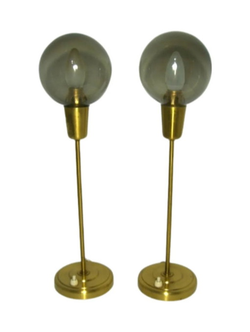 Table Lamps (2), Mid Century Modern, Art Deco, Scandinavian, Nordic, Minimalist, Falkenbergs Belysning, Brass, Glass,