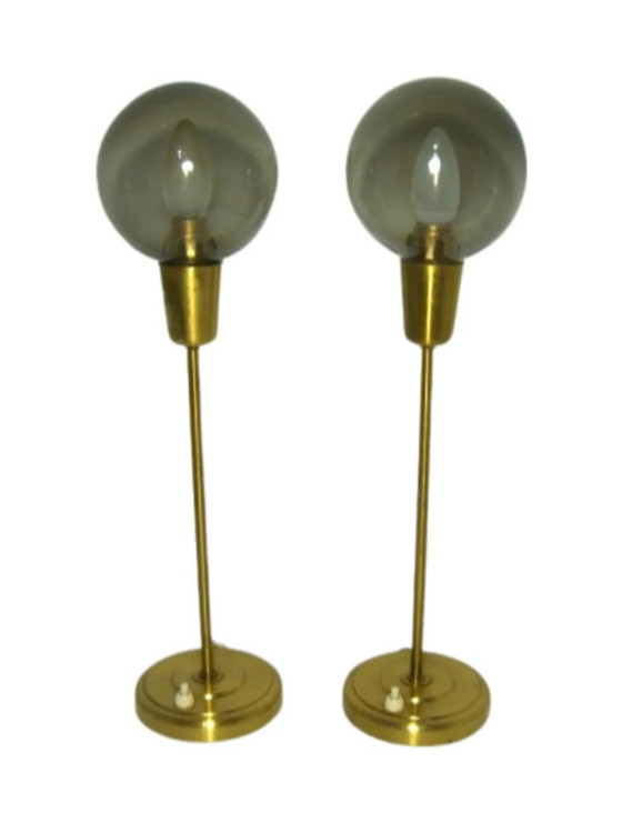 Image 1 of Table Lamps (2), Mid Century Modern, Art Deco, Scandinavian, Nordic, Minimalist, Falkenbergs Belysning, Brass, Glass,