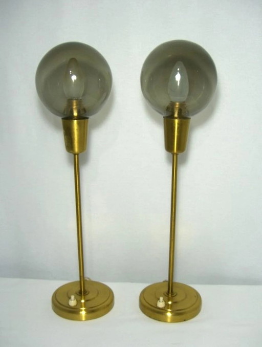 Table Lamps (2), Mid Century Modern, Art Deco, Scandinavian, Nordic, Minimalist, Falkenbergs Belysning, Brass, Glass,