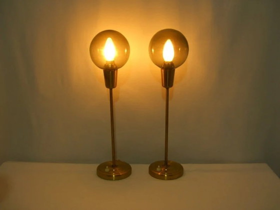 Image 1 of Table Lamps (2), Mid Century Modern, Art Deco, Scandinavian, Nordic, Minimalist, Falkenbergs Belysning, Brass, Glass,