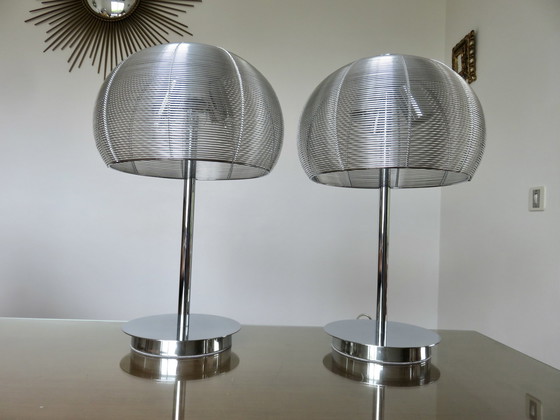 Image 1 of Pair Of Chromed Metal And Aluminium Wire Lamps, 1990