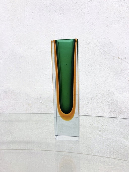 Italian Sommerso Murano Glass Vase By Flavio Poli In Green And Orange 60s 70s