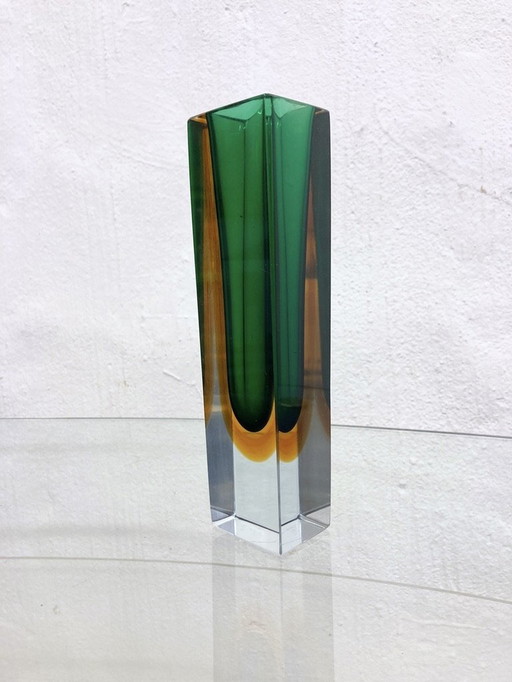 Italian Sommerso Murano Glass Vase By Flavio Poli In Green And Orange 60s 70s