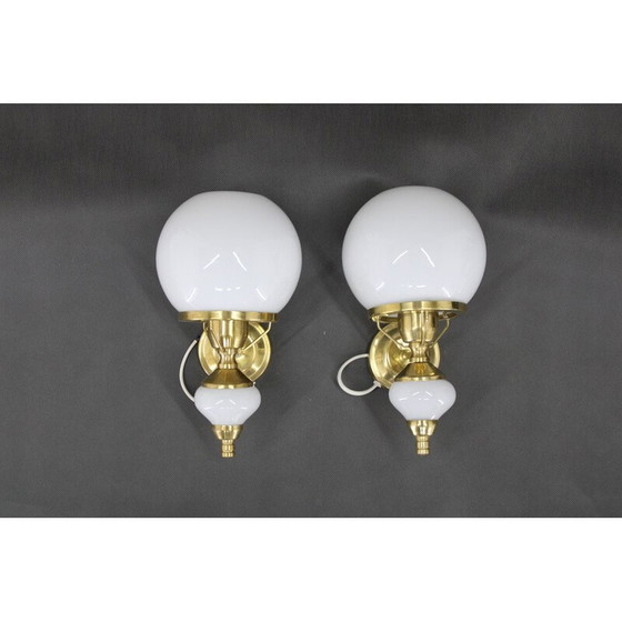 Image 1 of Pair of vintage brass and glass wall lamp, Czechoslovakia 1970