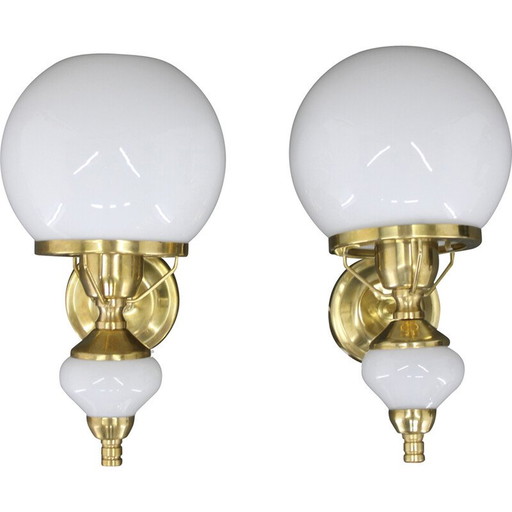 Pair of vintage brass and glass wall lamp, Czechoslovakia 1970